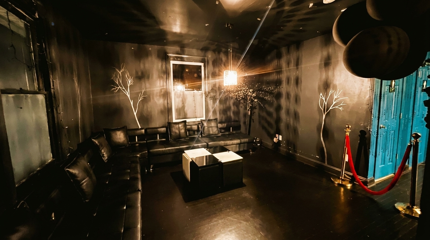 Dark lounge area with black leather couches, a coffee table, and decorative white trees on the walls.