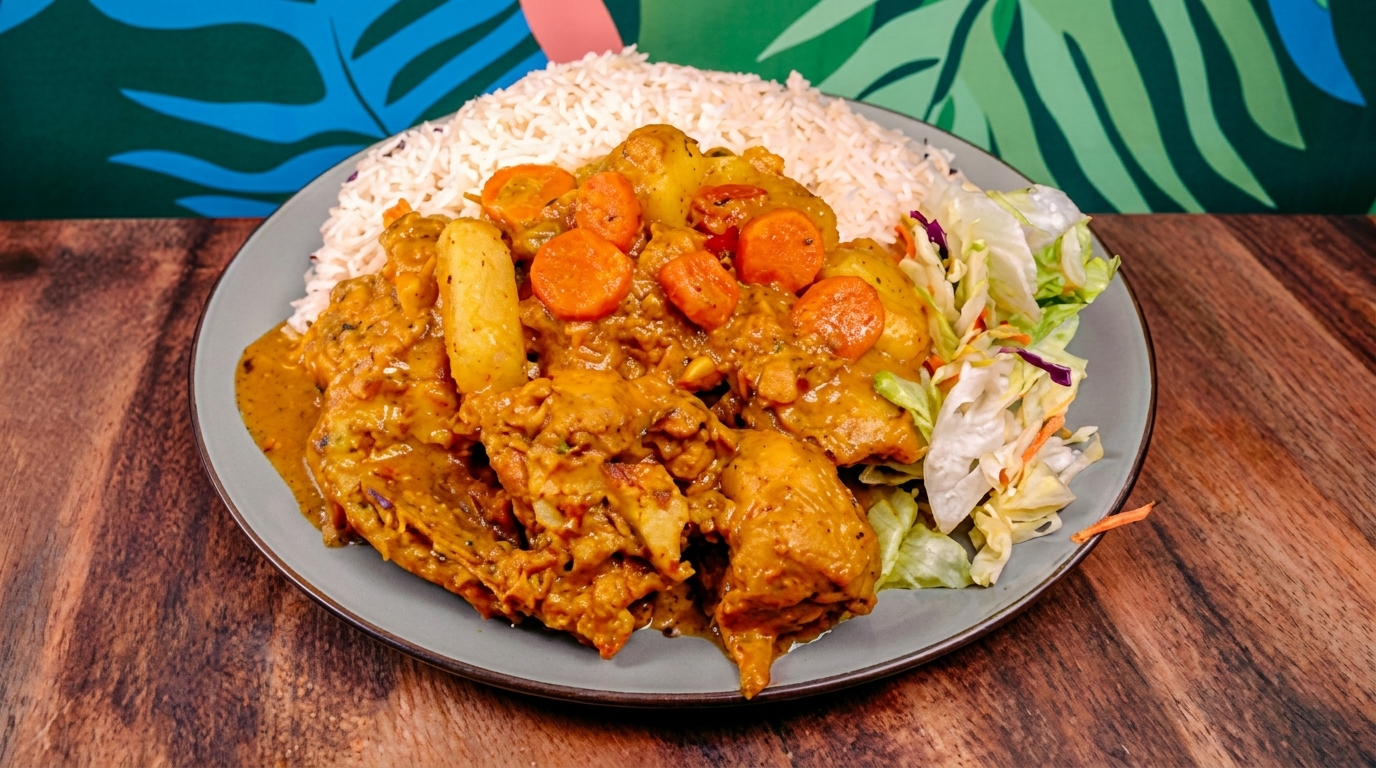 Curry chicken with rice, potatoes, carrots, and a side salad on a gray plate.