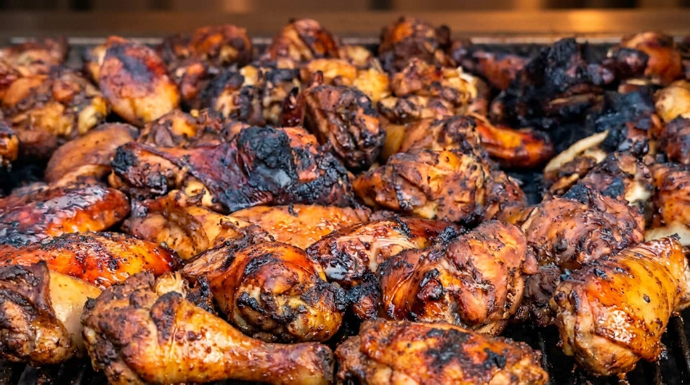 Close-up of numerous pieces of grilled jerk chicken, some with charred skin, on a grill.