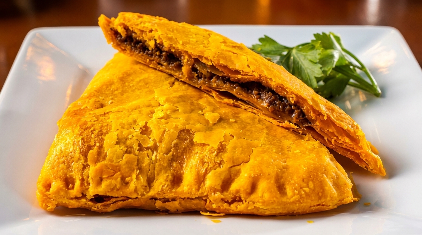 Two golden-brown Jamaican beef patties, one cut open to reveal the savory filling, on a white plate.