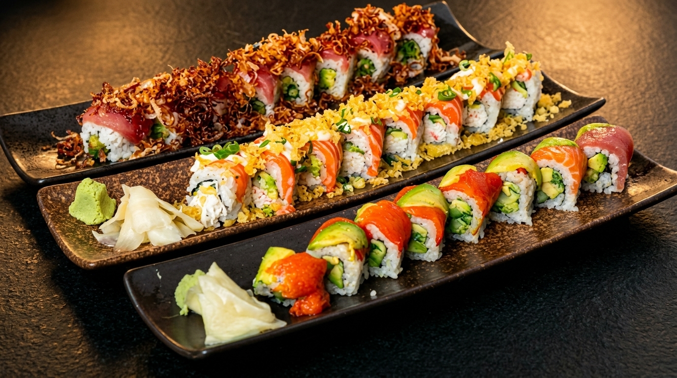 Three platters of colorful sushi rolls, including tuna, salmon, and avocado, with ginger and wasabi.