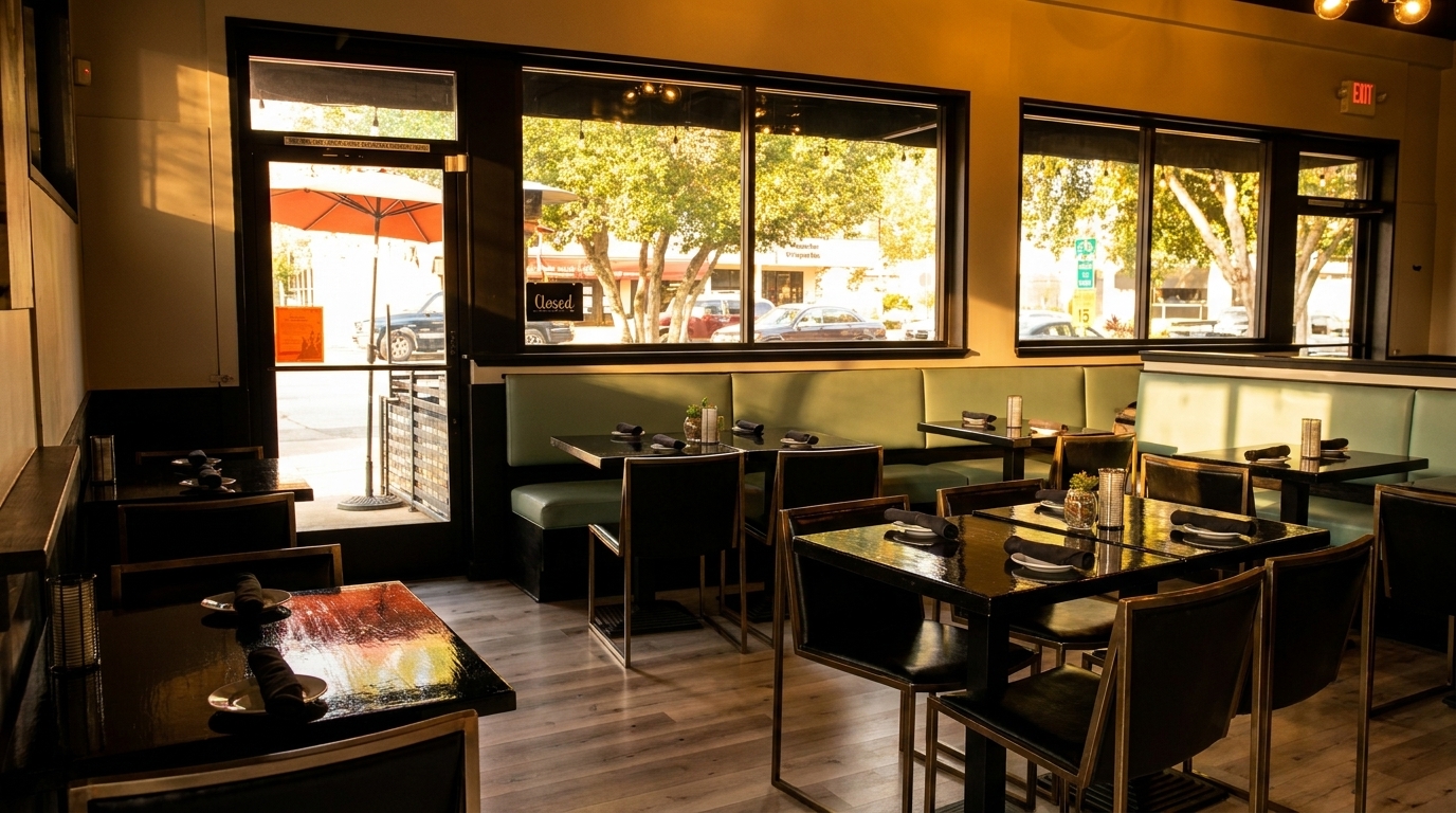 Modern restaurant interior with dark tables, light green booths, and large windows showing a street view.