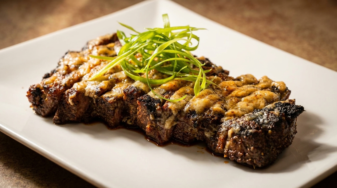 Grilled steak slices topped with melted cheese and fresh green onions on a white rectangular plate.