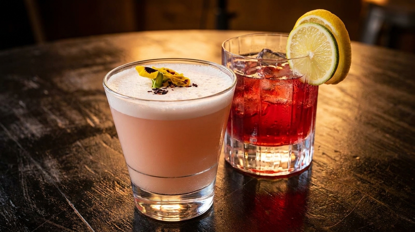 Two cocktails on a dark wooden table: a pink foamy drink with a yellow flower, and a red drink with lemon.
