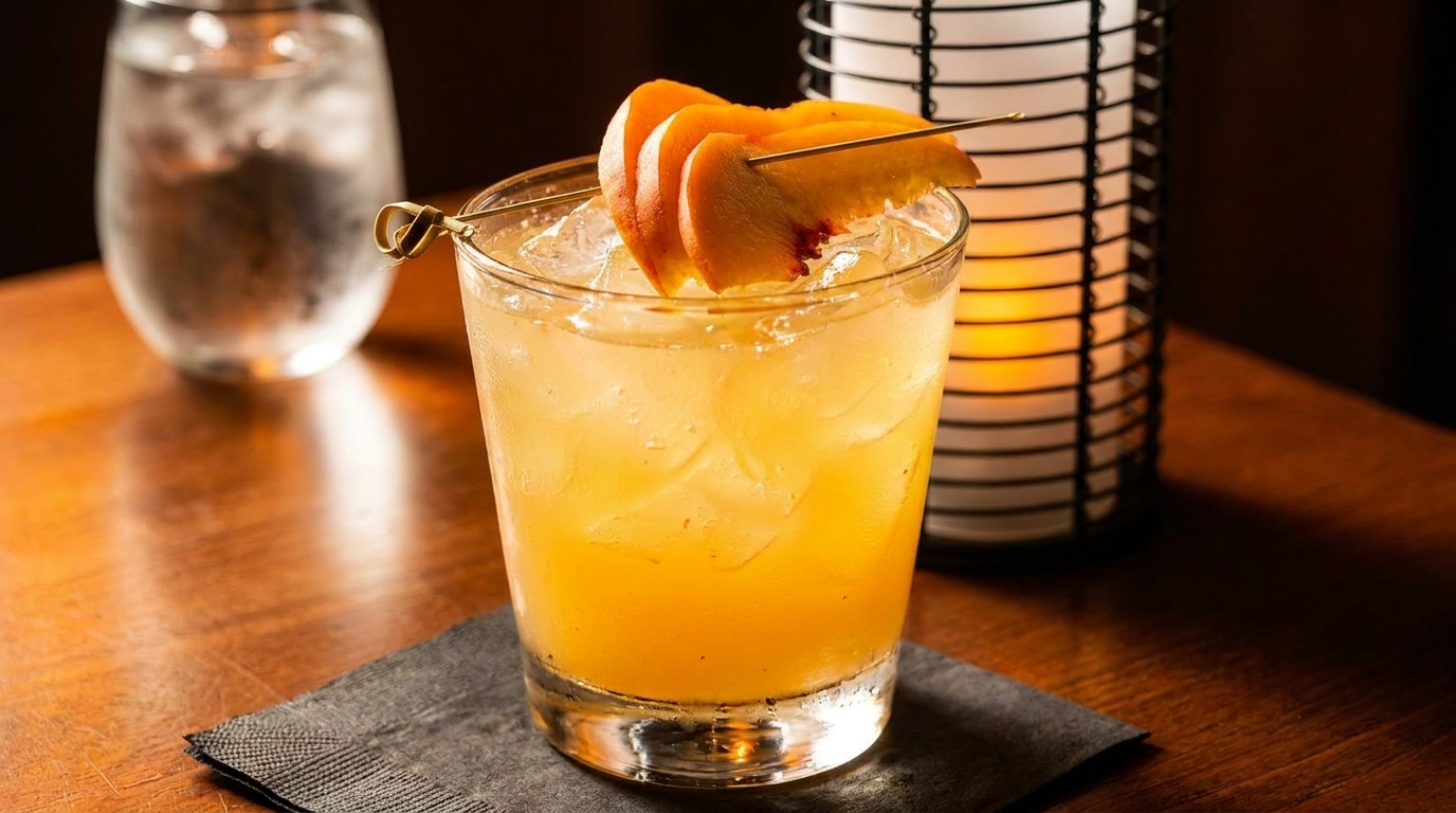 A peach-colored cocktail with ice and peach slices on a skewer, next to a candle.
