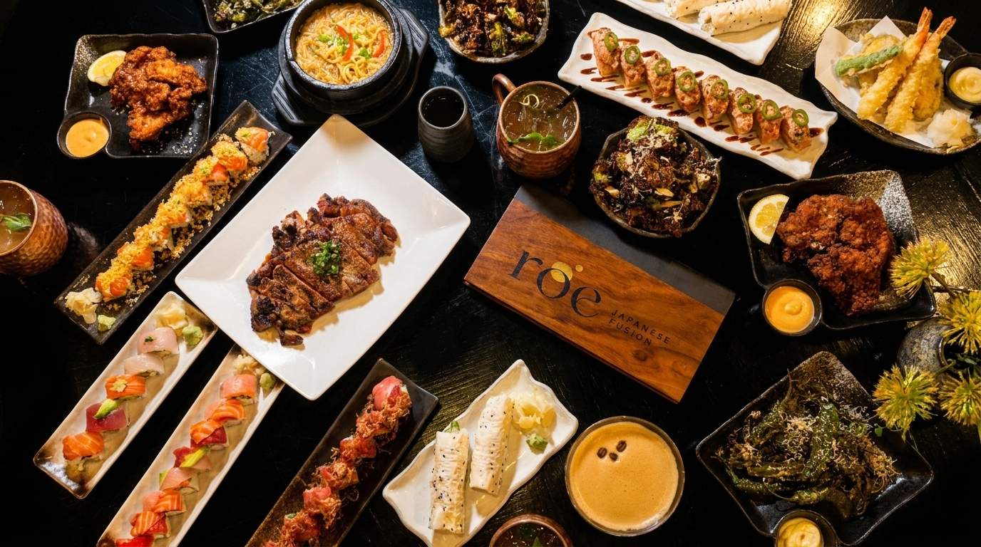 A dark table filled with various Japanese fusion dishes, including sushi, steak, fried chicken, and drinks.