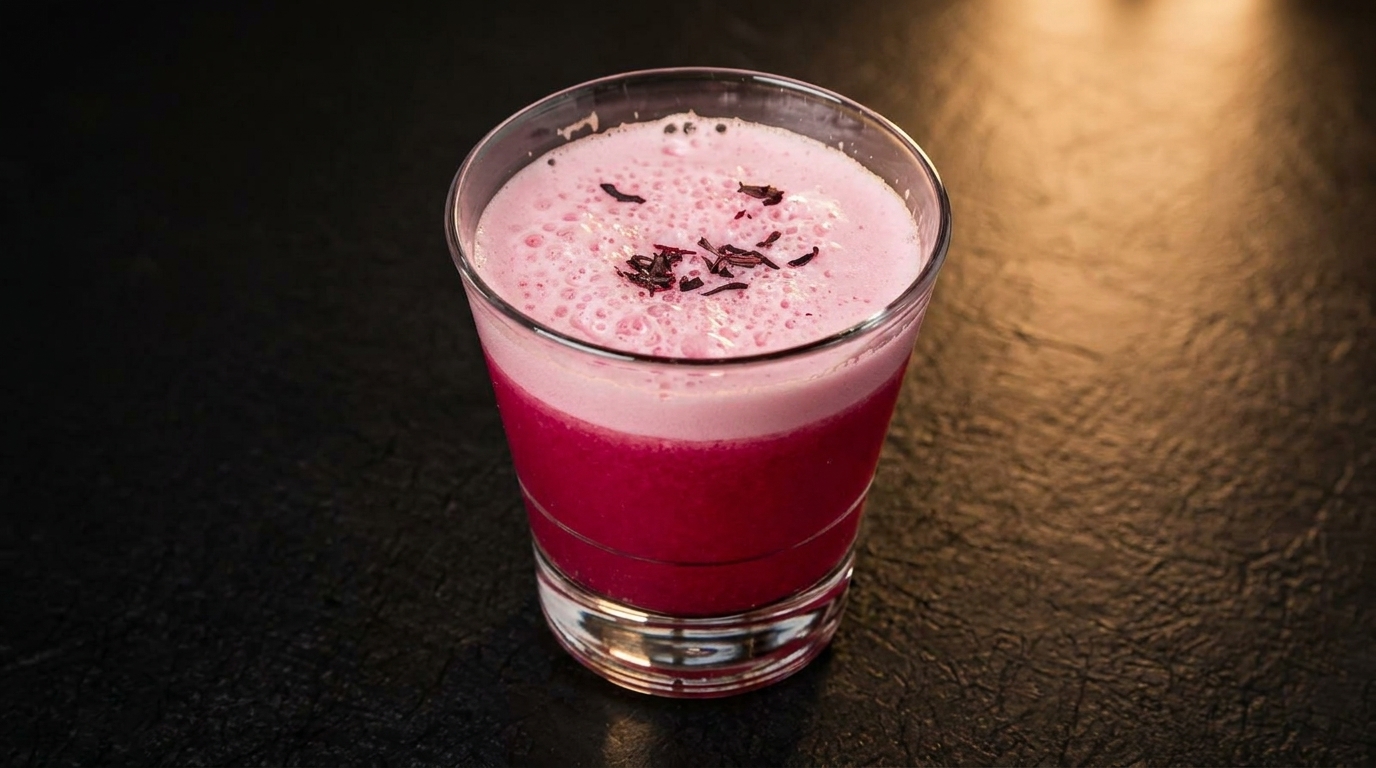 Vibrant pink cocktail with a foamy top and dark garnish, on a dark textured surface.