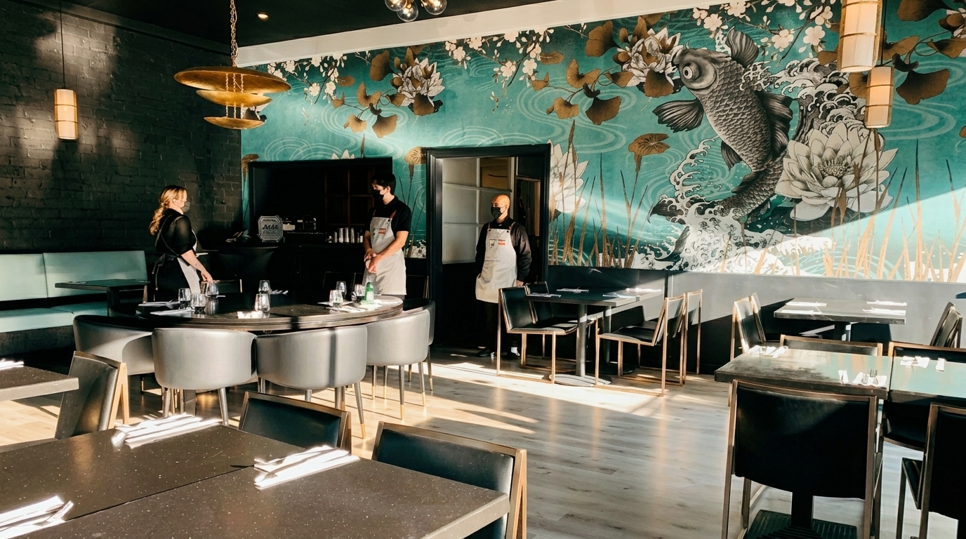 Restaurant interior with a large koi fish mural, set tables, and three staff members.
