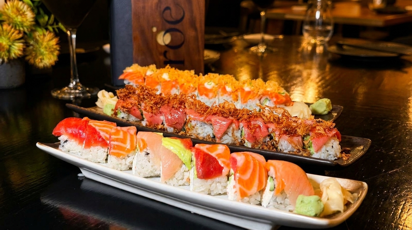 Three platters of colorful sushi rolls with various toppings on a dark, reflective table.
