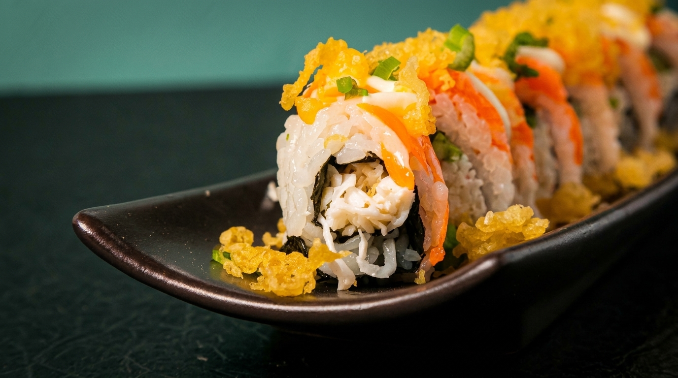 Close-up of a sushi roll with crab, orange fish, and crispy yellow topping on a dark plate.