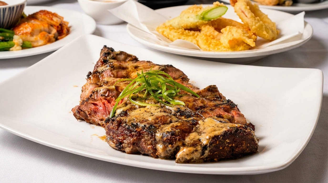 Grilled steak with sauce and green onions, with other dishes in the background.
