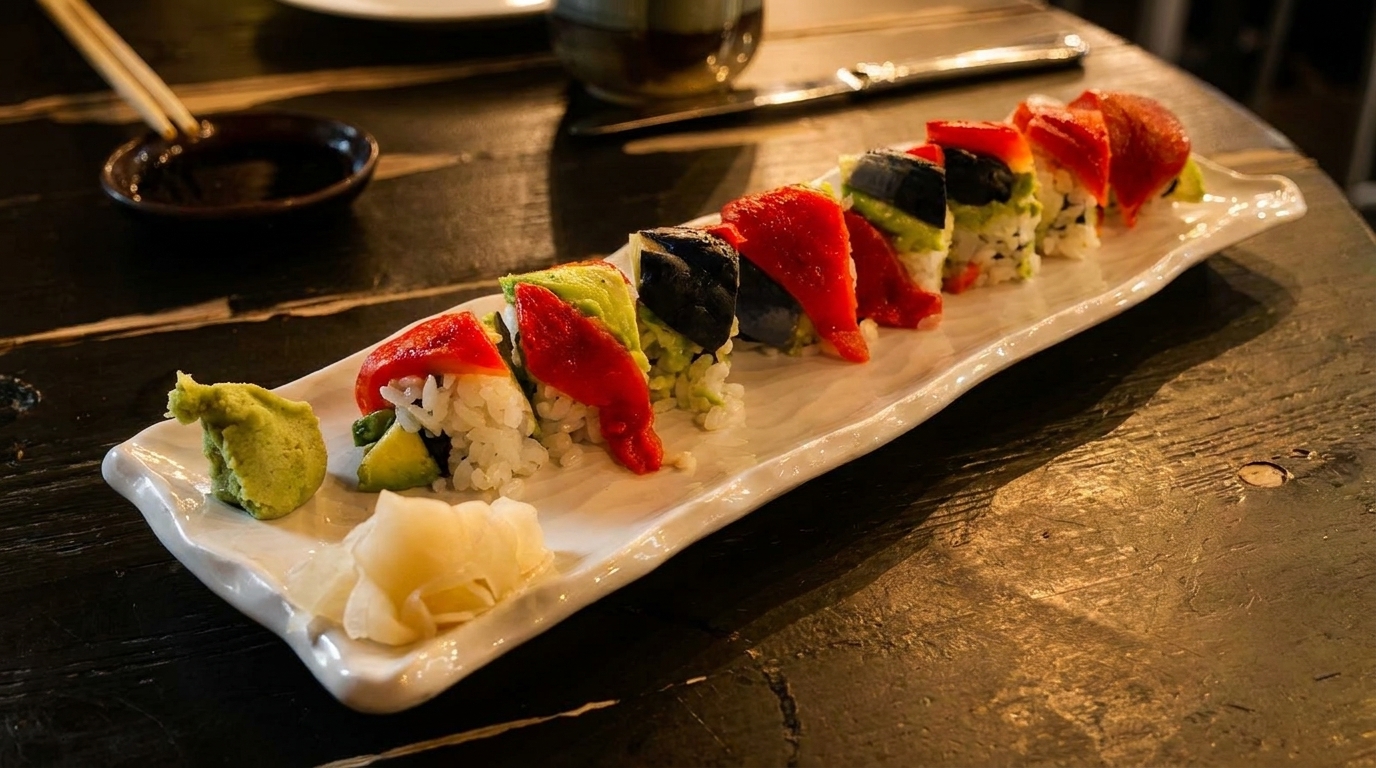 A long white plate of colorful sushi rolls with wasabi and ginger on a dark wooden table.