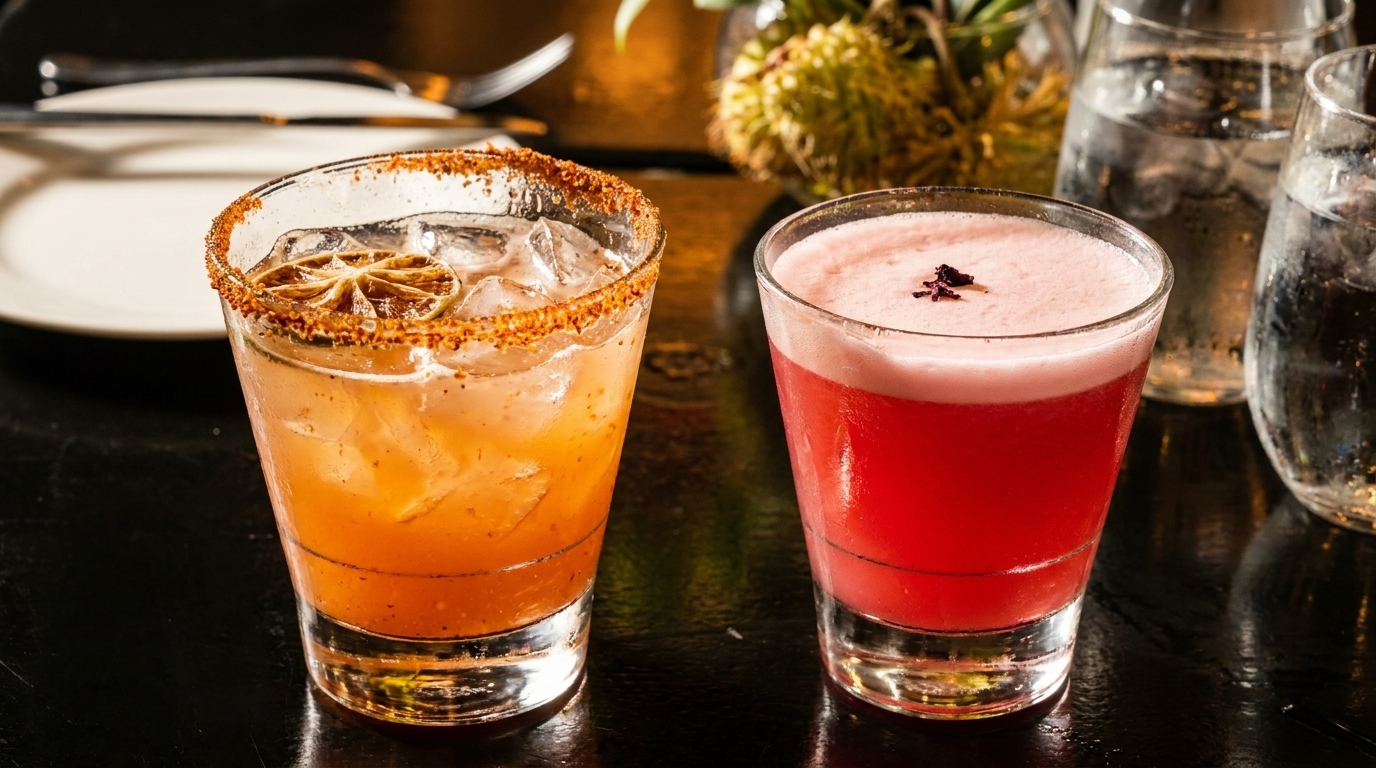 Two vibrant cocktails, one orange with a chili-lime rim and one pink with foam, on a dark table.