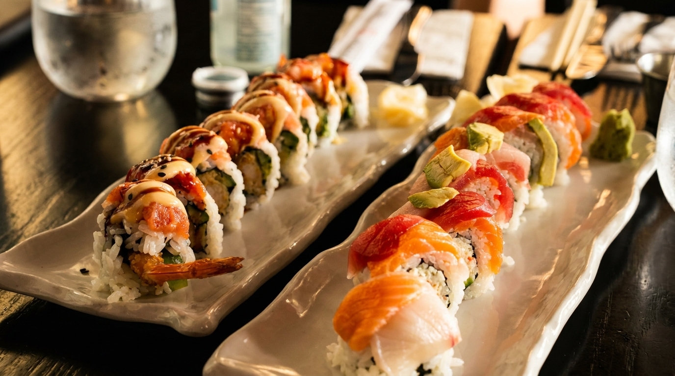 Two long plates of colorful sushi rolls with various toppings on a dark table.