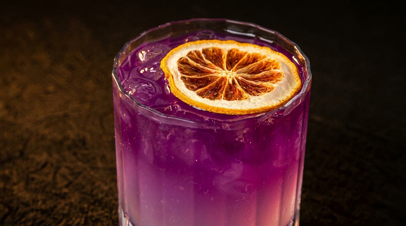 Vibrant purple cocktail with ice and a dried orange slice garnish, against a dark background.