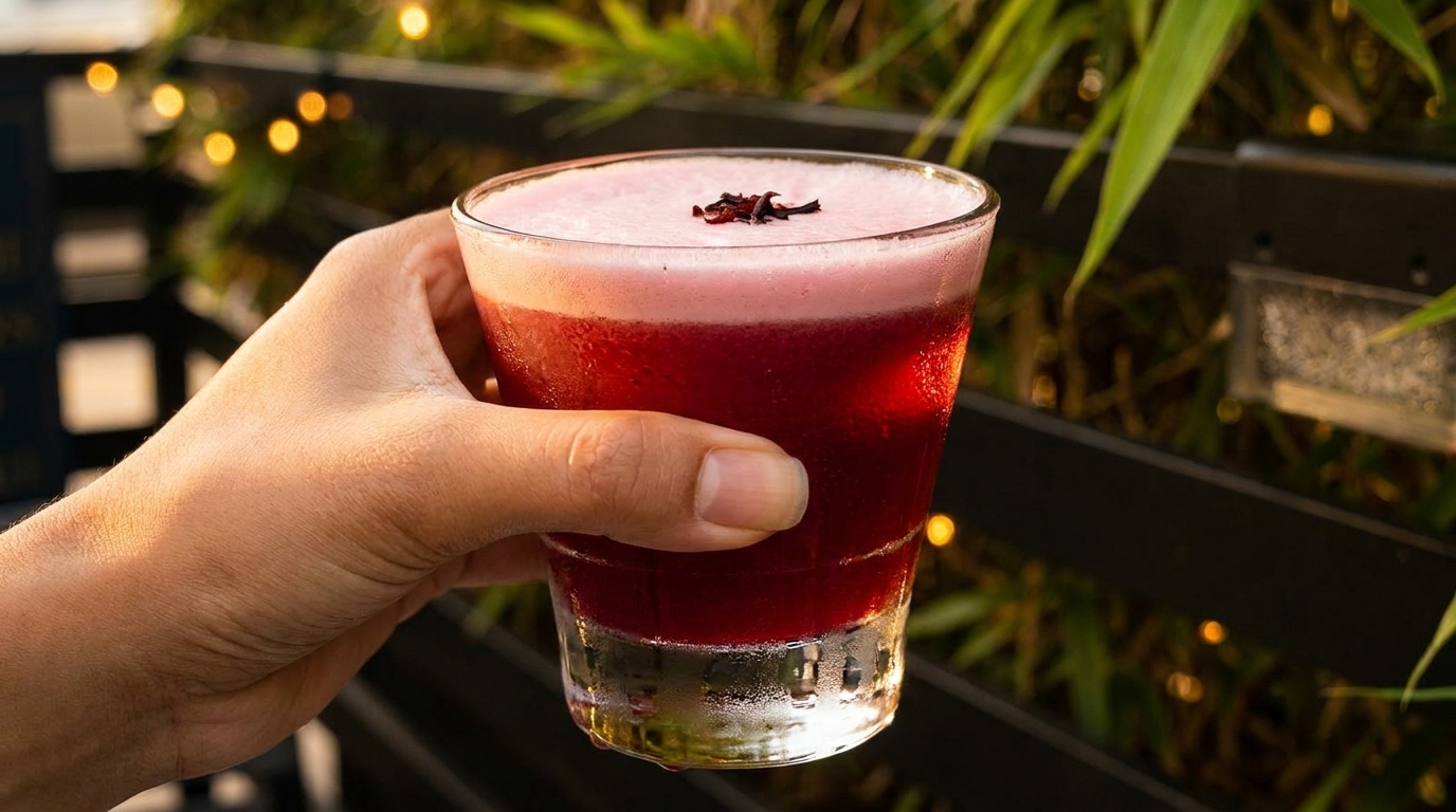 Hand holding a vibrant red cocktail with a foamy top and garnish, outdoors with string lights.