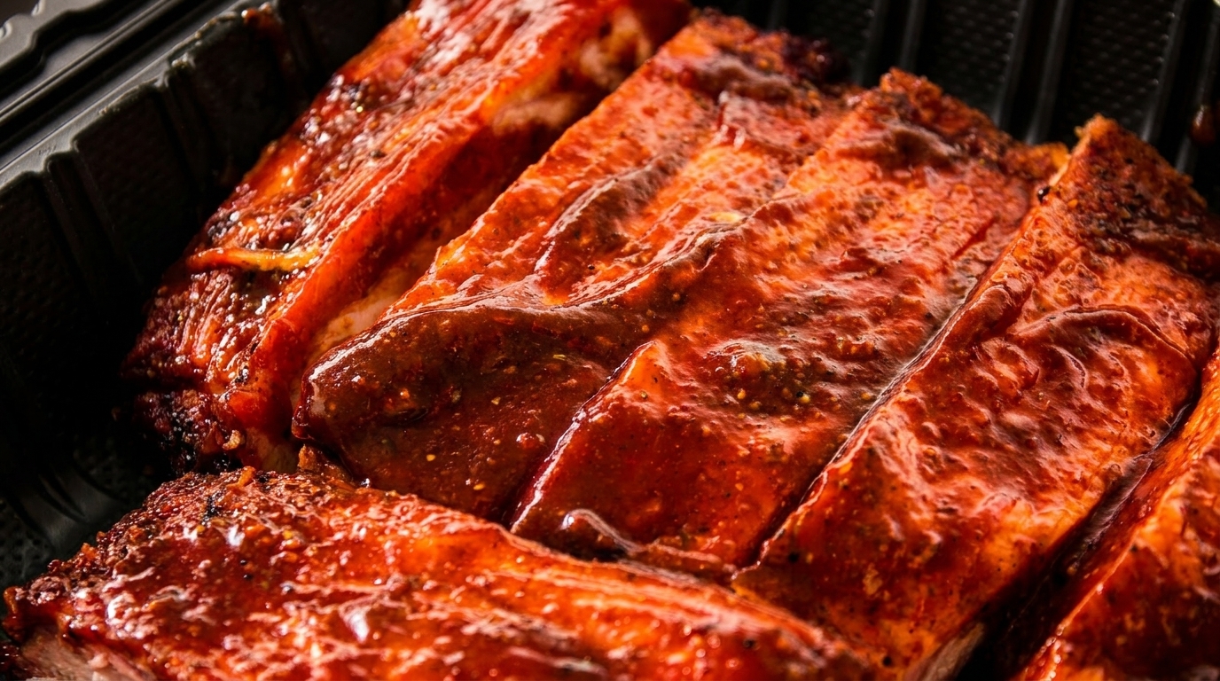 Close-up of glistening, saucy BBQ ribs in a black takeout container.