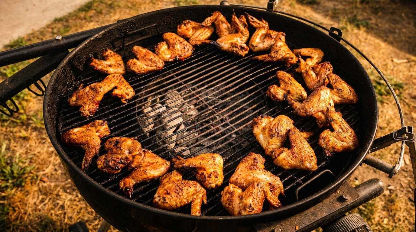 Chicken wings cooking on a charcoal grill, arranged in a circle around the hot coals.