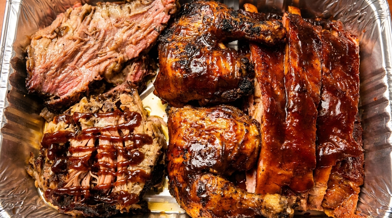 Close-up of a barbecue platter with brisket, pulled pork, grilled chicken, and ribs in a foil pan.