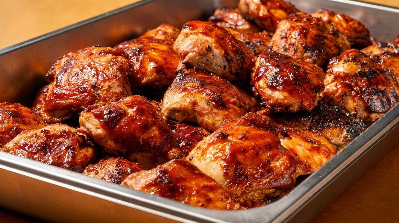 Close-up of a metal tray filled with numerous pieces of glistening, barbecued chicken.