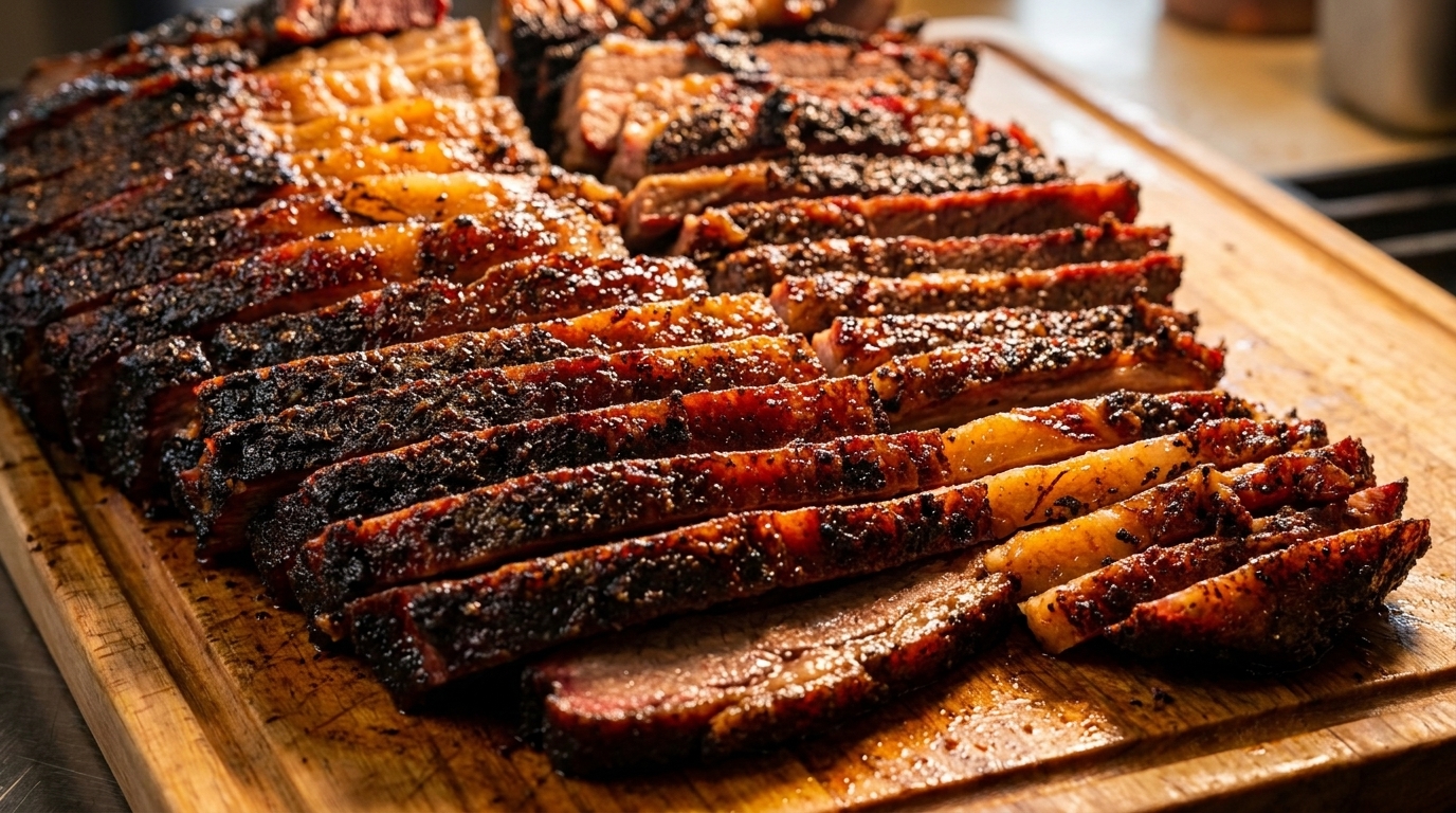 Close-up of sliced, smoked brisket with a dark, peppery crust on a wooden cutting board.