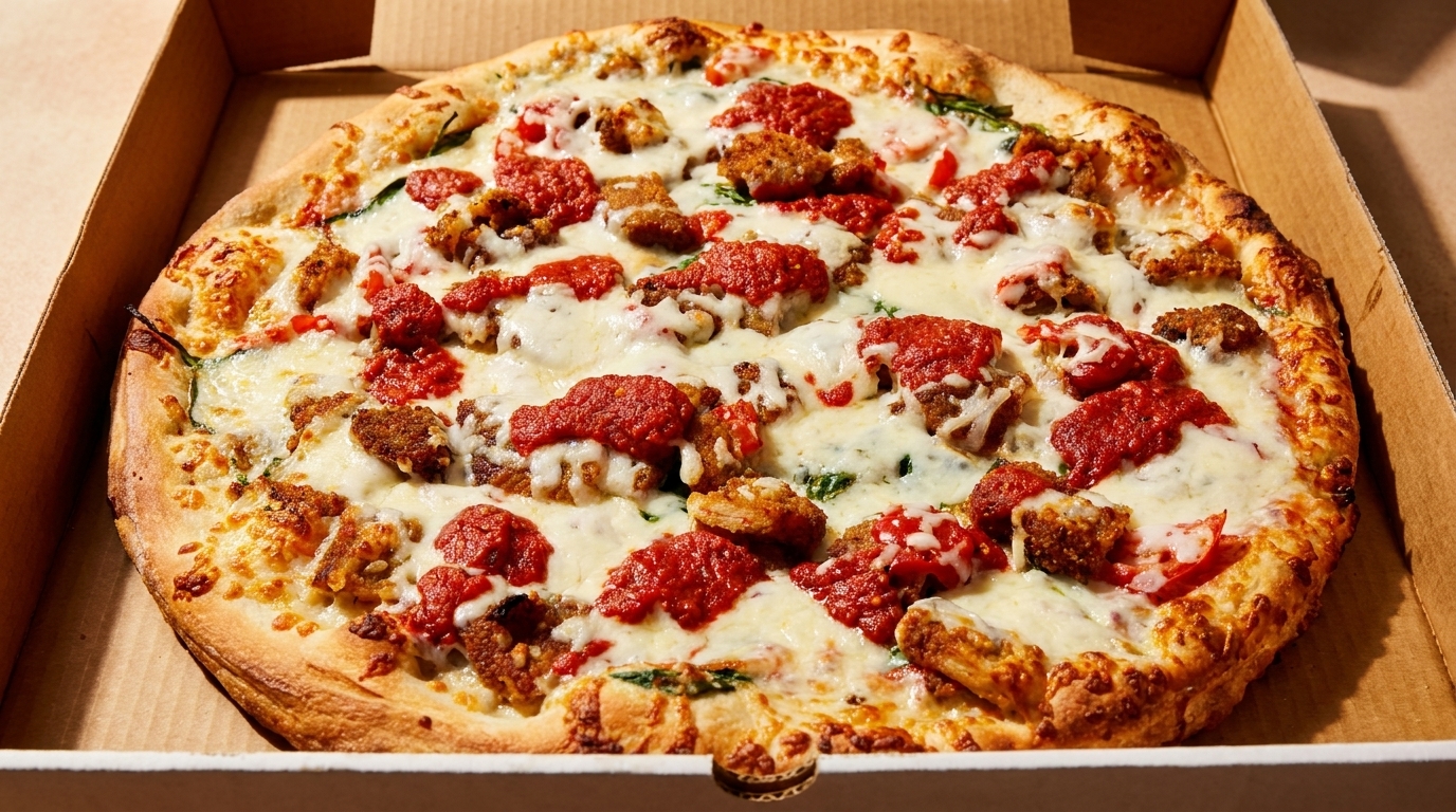 A whole pizza with melted mozzarella, dollops of red sauce, and sausage in a cardboard box.