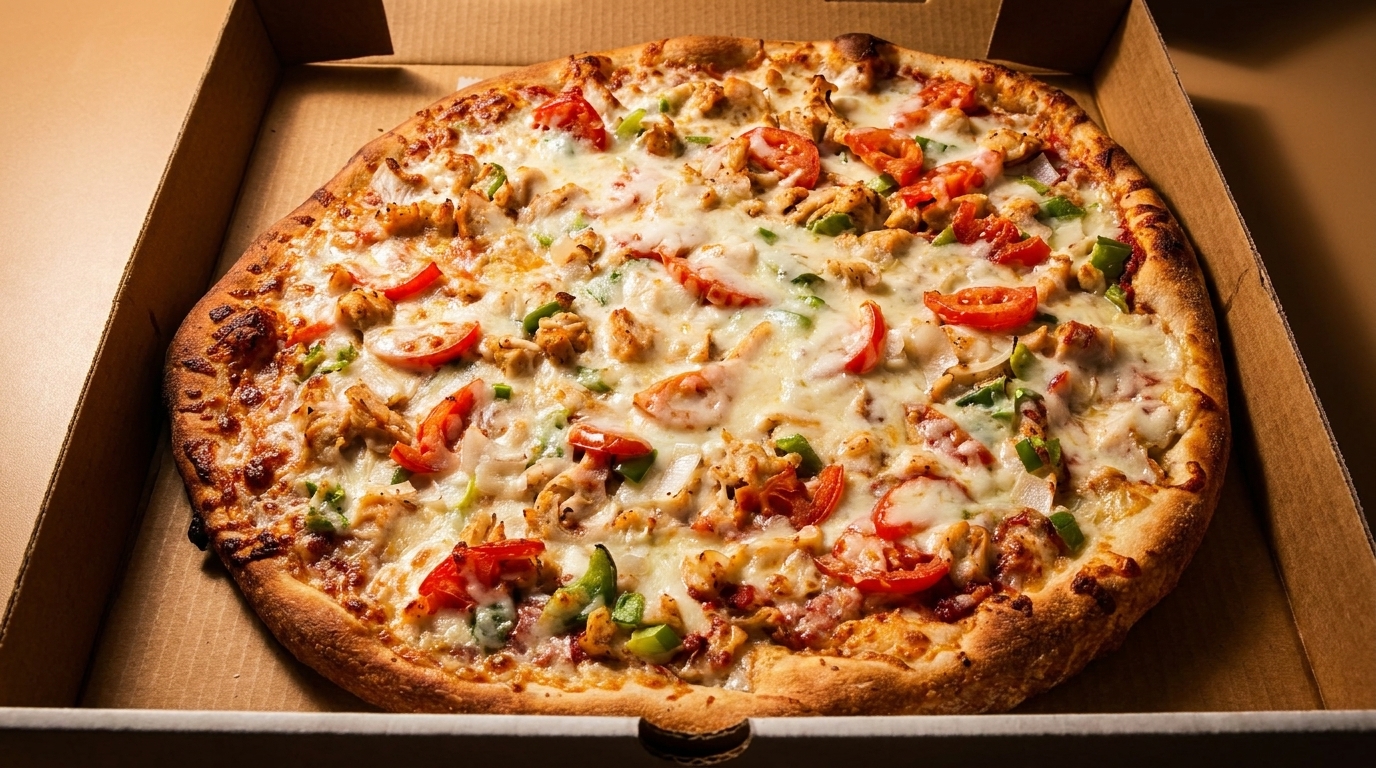 A whole chicken, tomato, and bell pepper pizza in a cardboard delivery box.