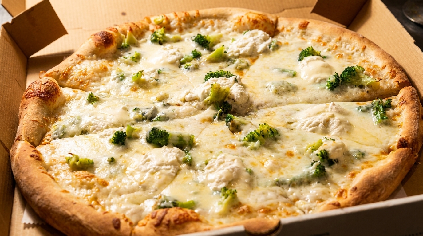 White pizza with broccoli and ricotta cheese in a cardboard delivery box.