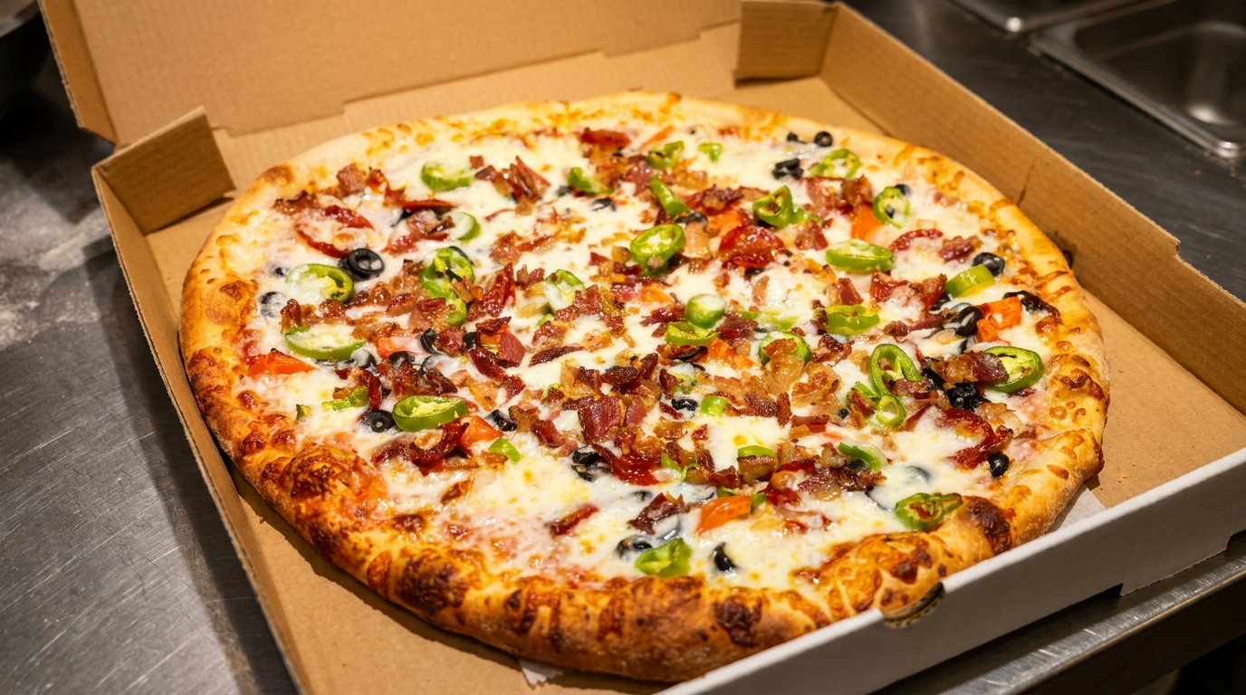 A freshly baked pizza with bacon, jalapeños, olives, and cheese in a cardboard box.