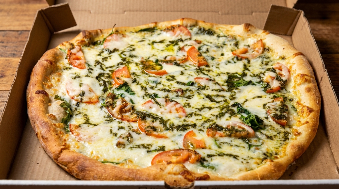 A freshly baked pesto pizza with mozzarella, tomatoes, and spinach in a cardboard delivery box.
