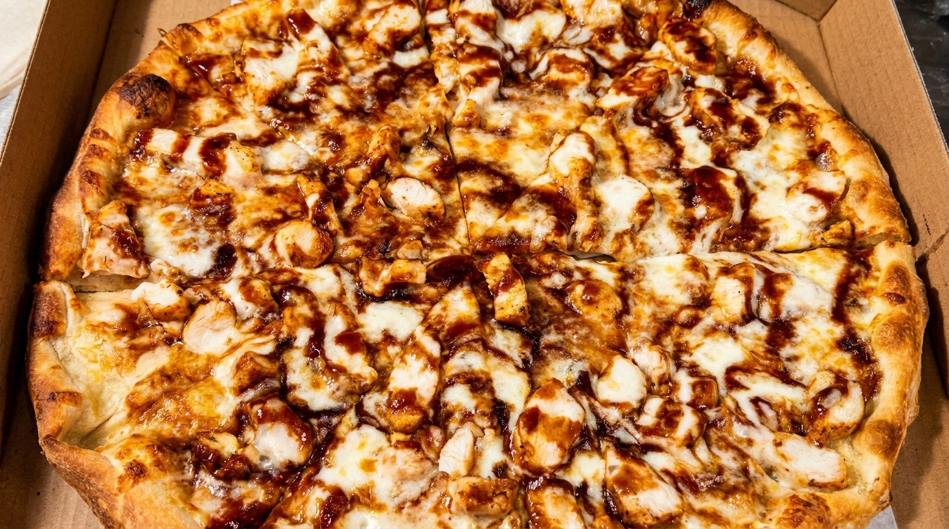 Close-up of a whole BBQ chicken pizza, cut into slices, in a cardboard box.