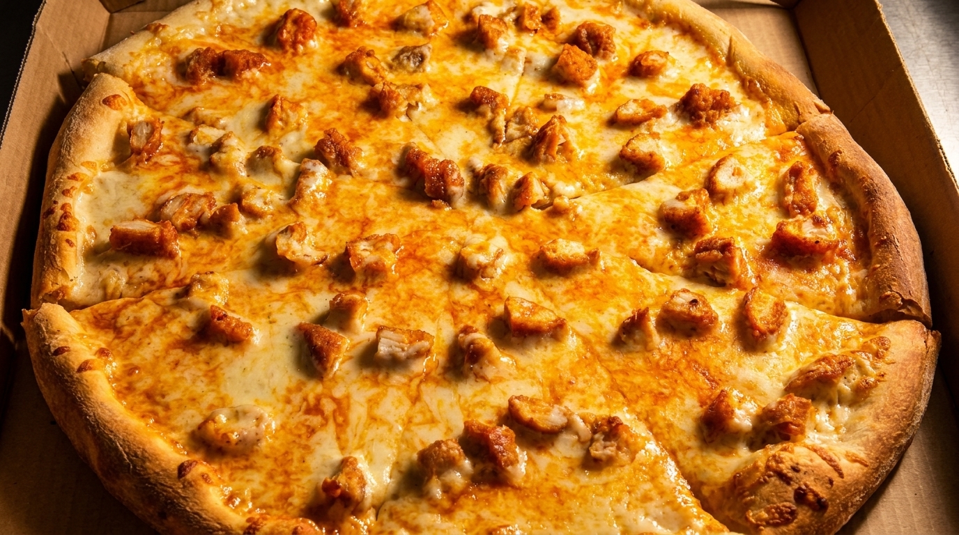 Close-up of a freshly baked pizza with melted cheese and chicken pieces in a cardboard box.
