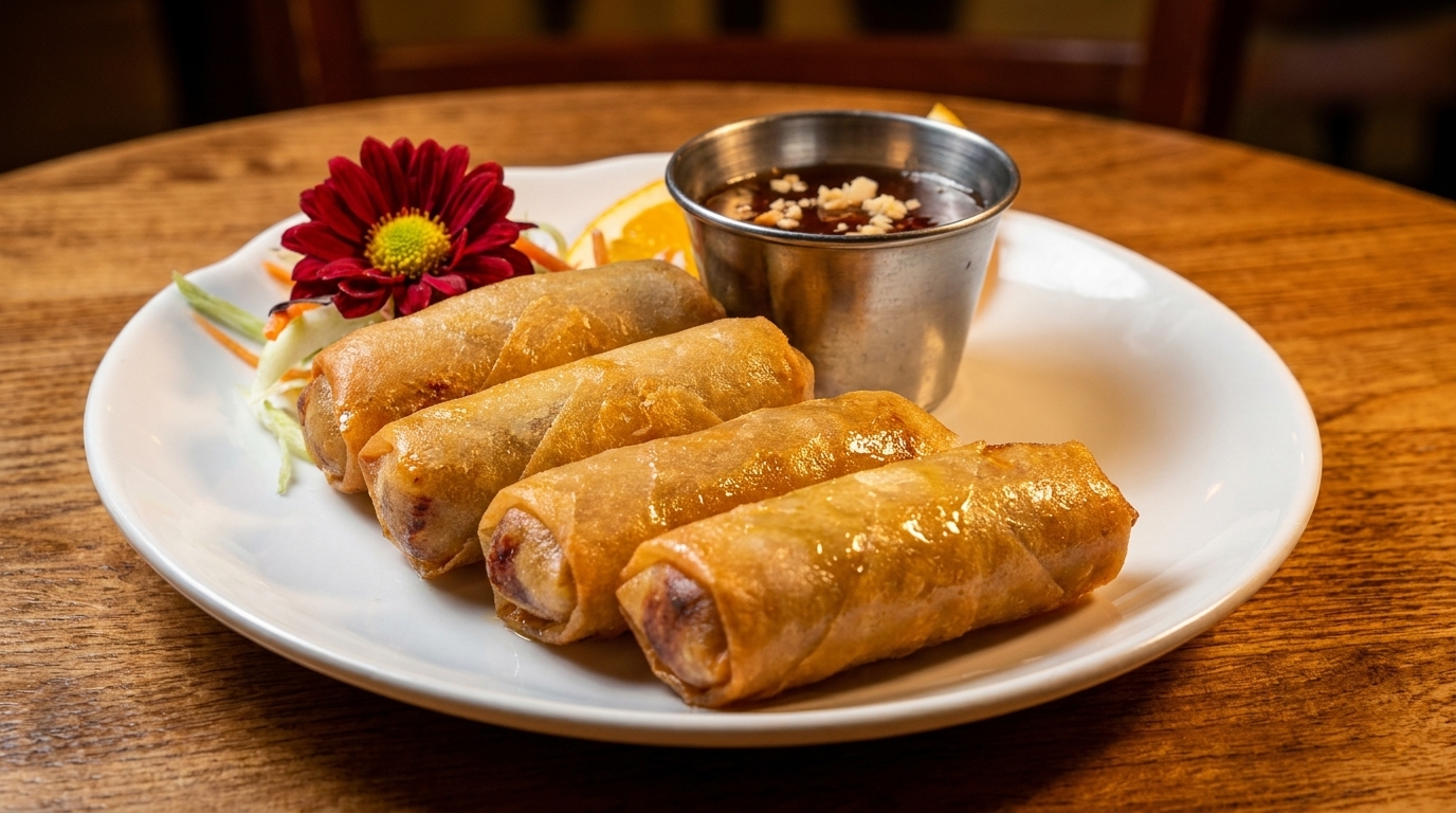 Four crispy spring rolls with dipping sauce, garnished with a red flower and orange slice.