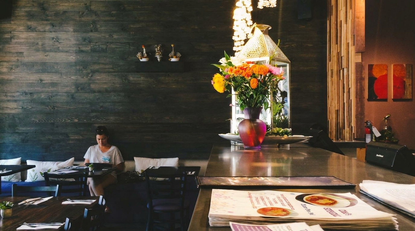 A woman sits at a table in a dimly lit restaurant with a bar and floral decor.