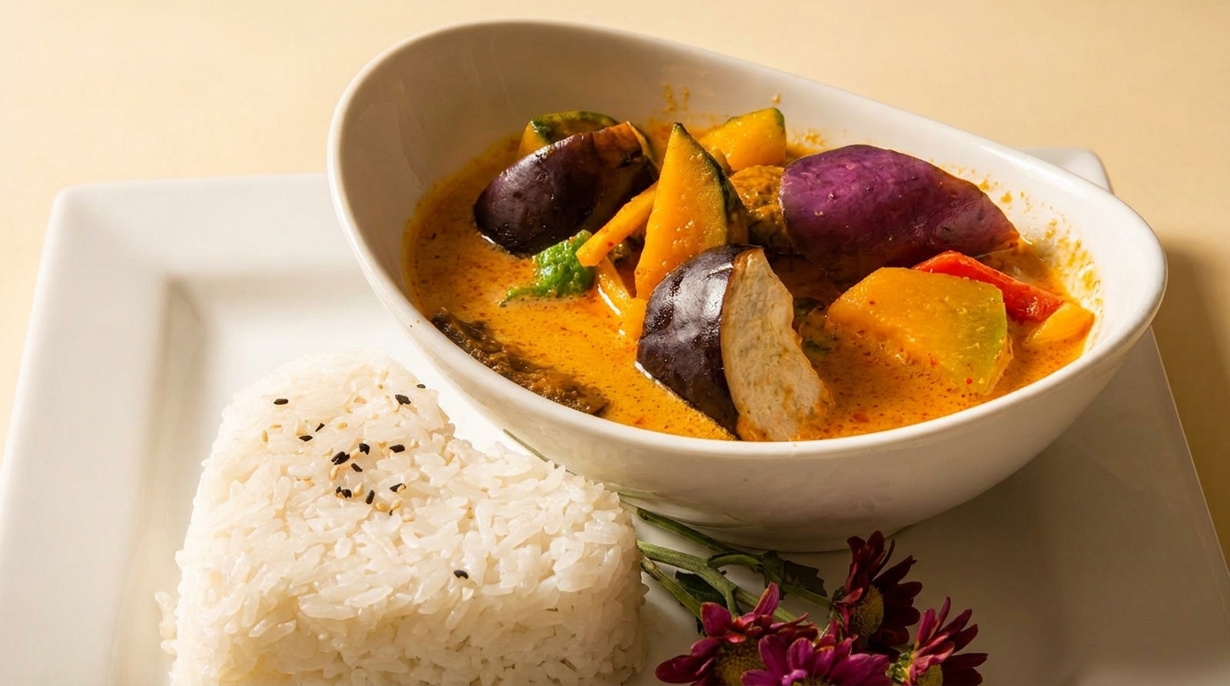 A bowl of yellow curry with vegetables and a side of heart-shaped white rice.