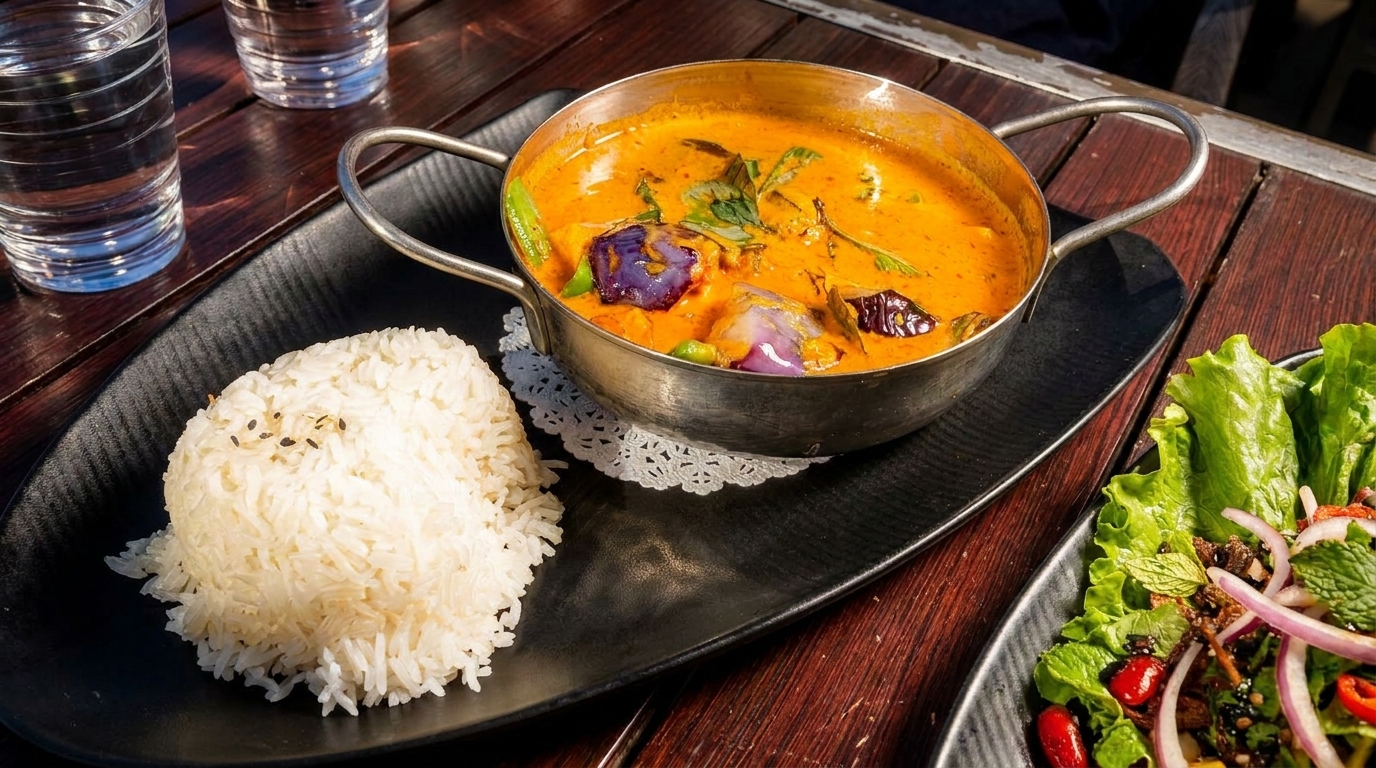 A metal pot of orange curry with eggplant and herbs, served with white rice and a side salad.