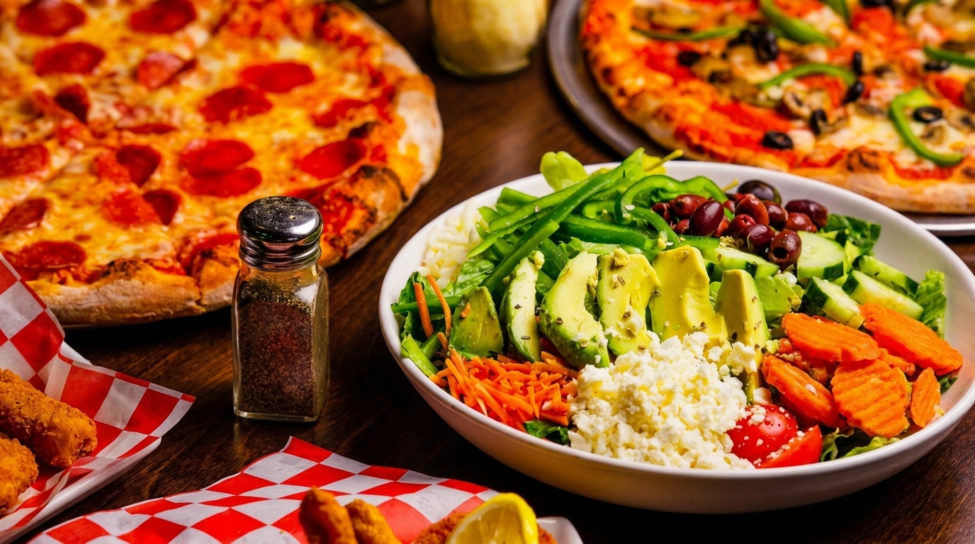A vibrant salad with avocado, feta, and olives, alongside two pizzas and fried appetizers.