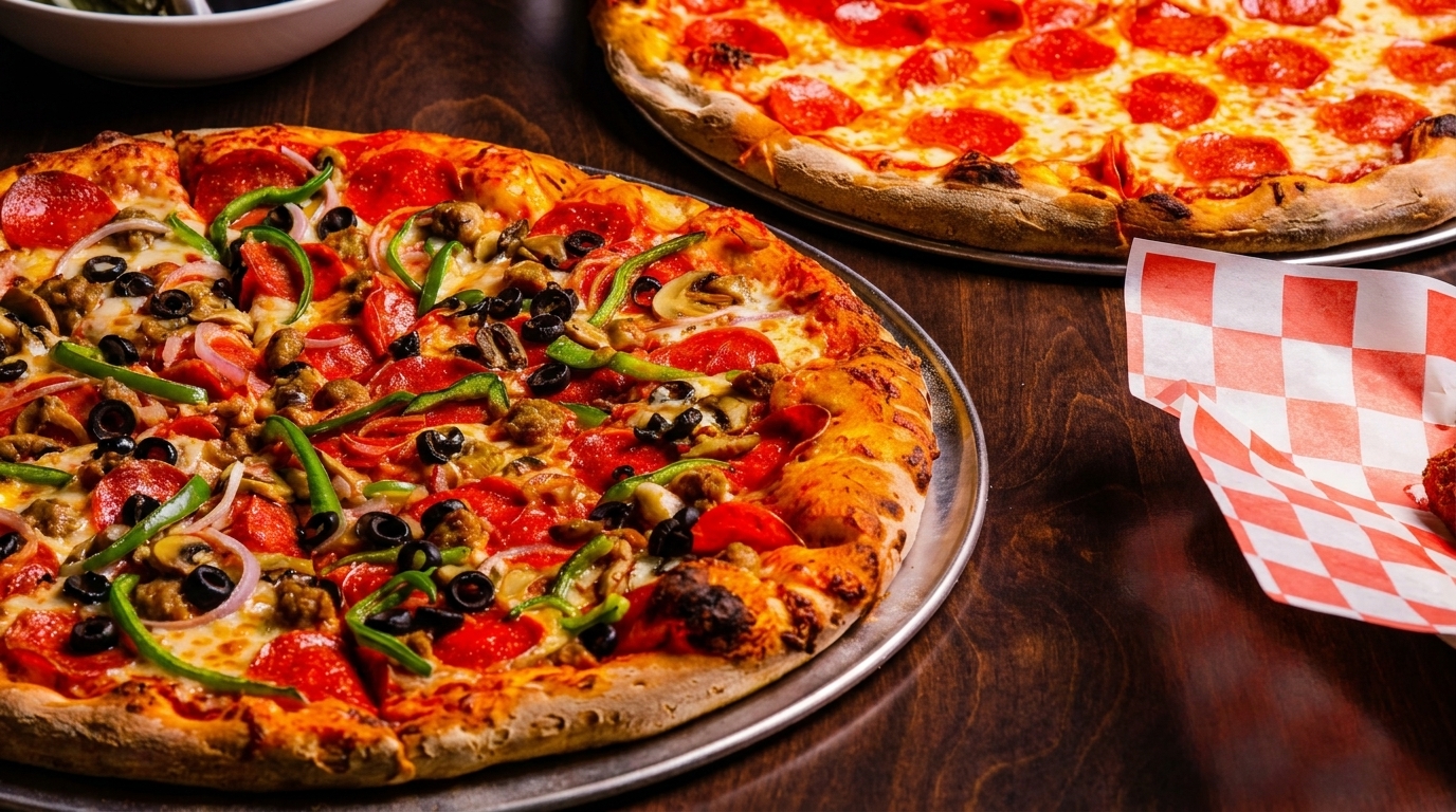 Two pizzas on a dark wooden table, one with pepperoni, the other with various toppings.
