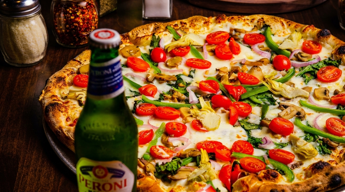A vibrant veggie pizza with cherry tomatoes, artichokes, mushrooms, and peppers, next to a Peroni beer.
