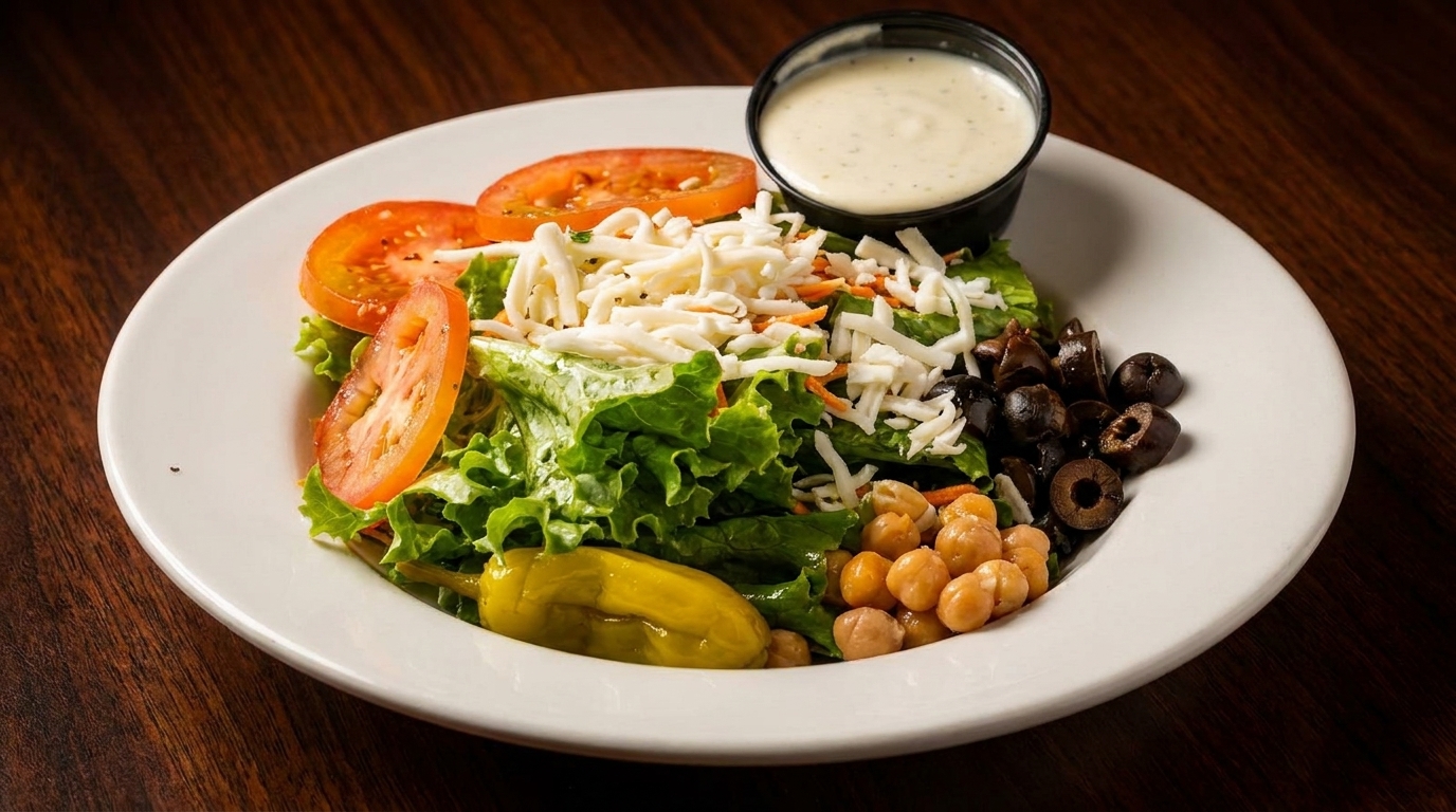 Fresh garden salad with lettuce, tomatoes, shredded cheese, olives, chickpeas, and a side of dressing.