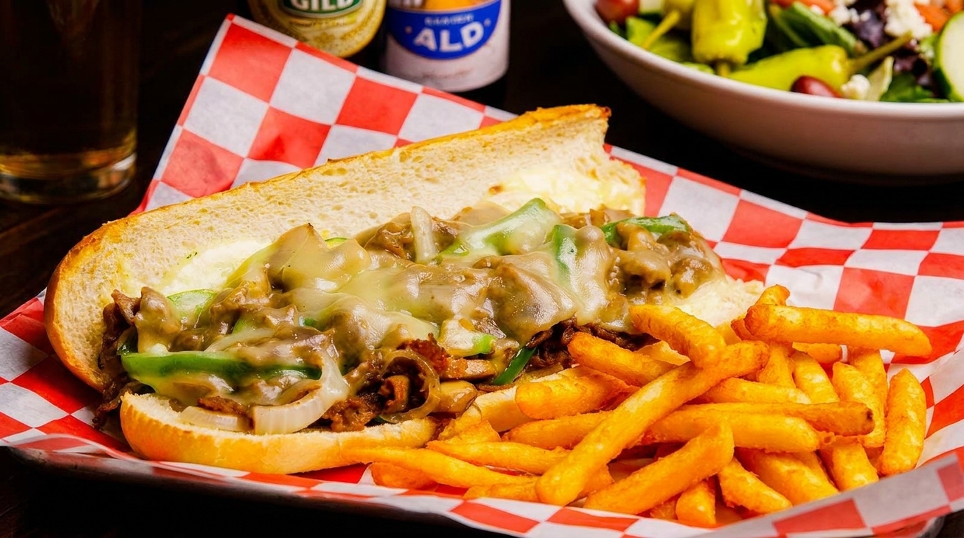 Cheesesteak sandwich with melted cheese, peppers, and onions, served with fries on checkered paper.