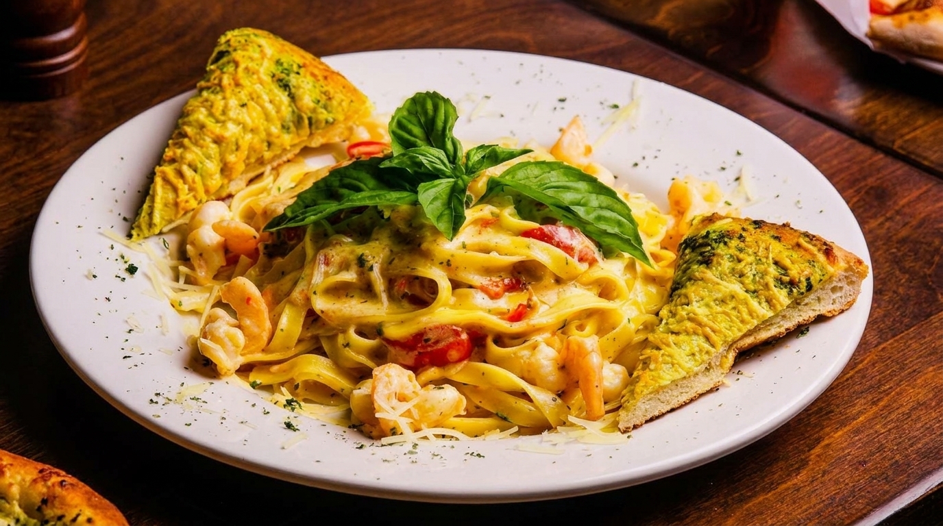 Creamy shrimp fettuccine pasta with cherry tomatoes, basil, and two slices of garlic bread.