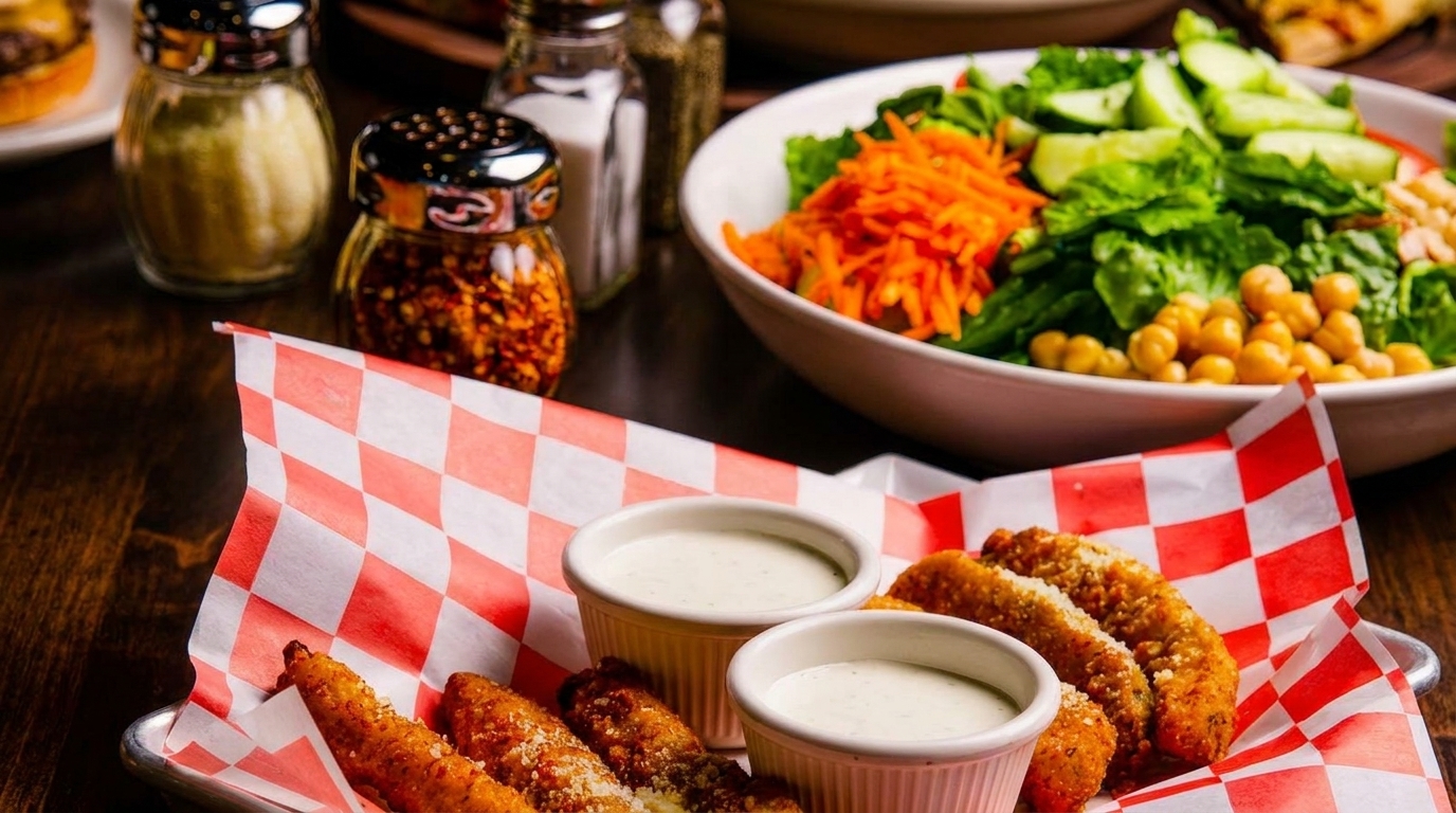 Fried zucchini sticks with dipping sauce and a fresh salad with chickpeas and carrots.