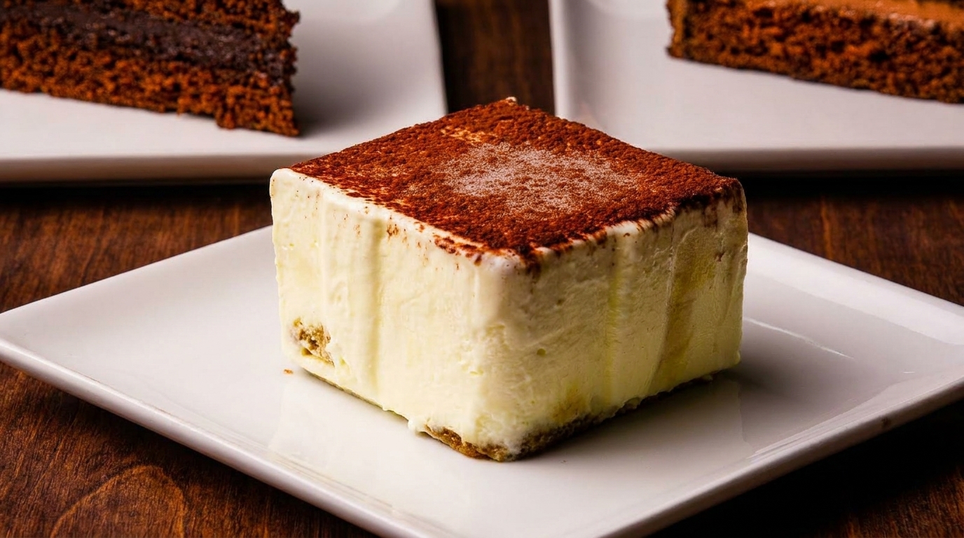 A square slice of tiramisu with cocoa powder on top, on a white plate.