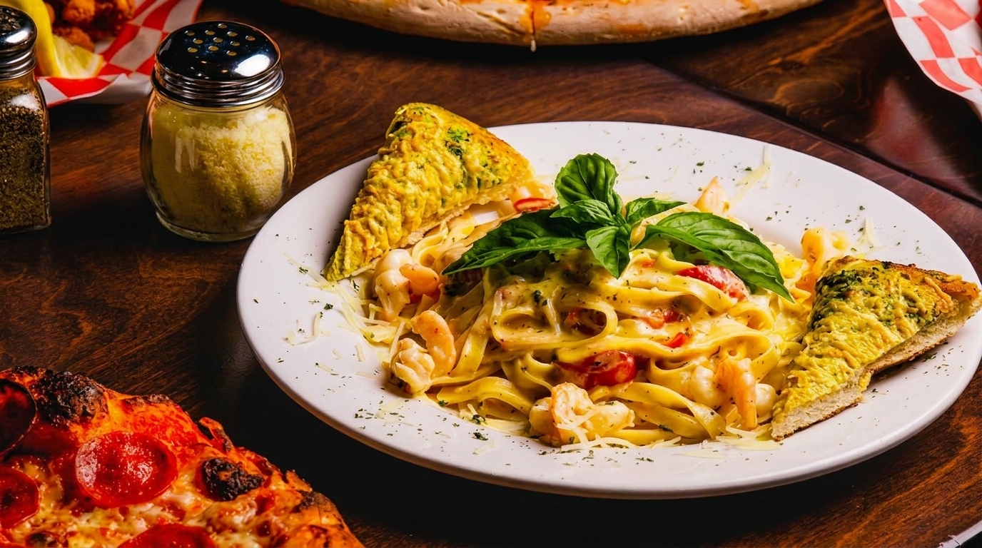 Creamy shrimp pasta with basil and garlic bread, alongside a pepperoni pizza and parmesan cheese.