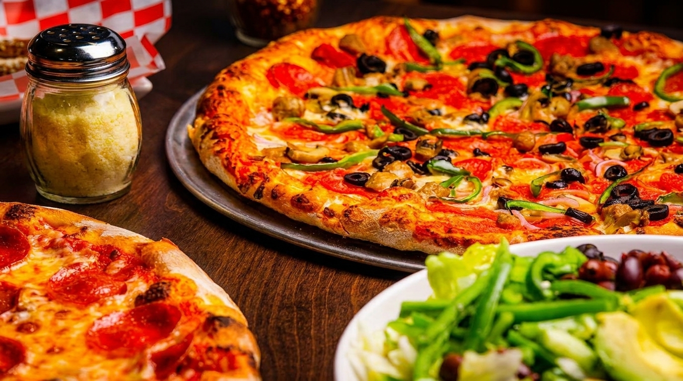 Two pizzas, one with pepperoni and another with various toppings, alongside a fresh salad and parmesan cheese.