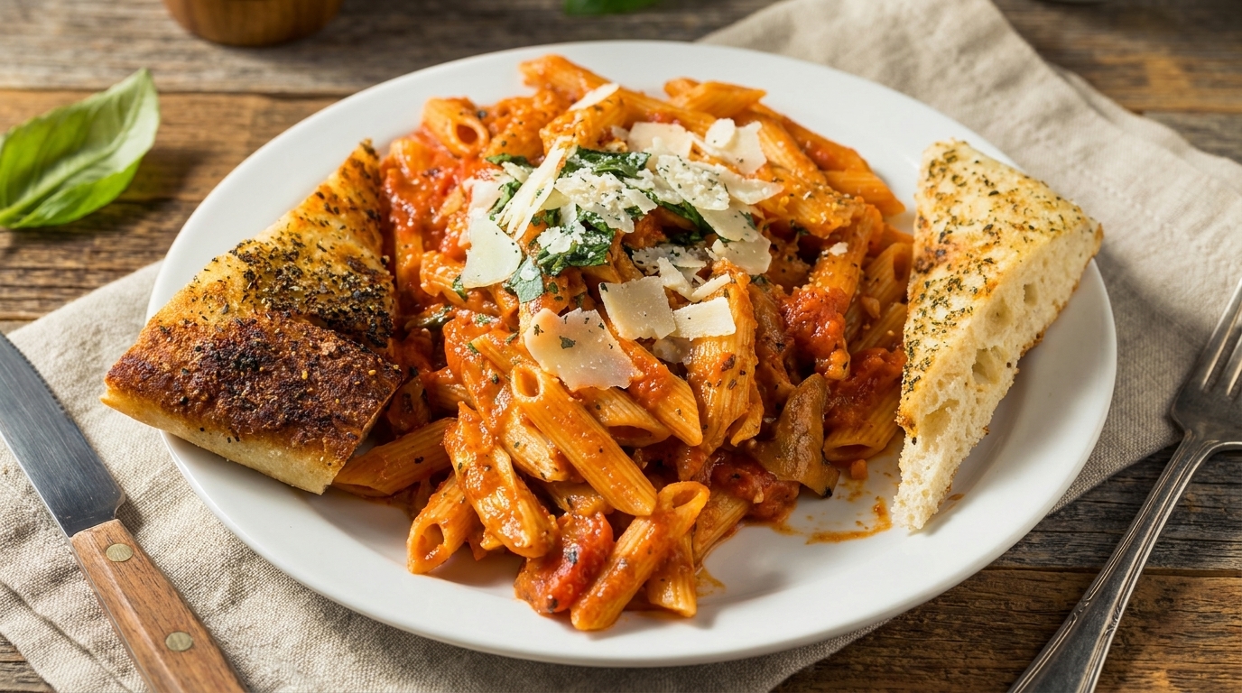 Penne pasta with red sauce, parmesan, basil, and two slices of focaccia bread on a white plate.