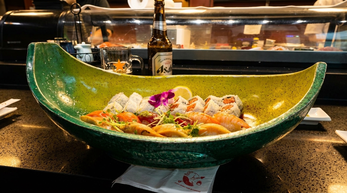 A large green and yellow boat-shaped dish filled with various sushi rolls and nigiri.