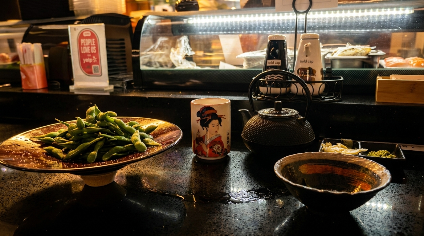 A plate of edamame, a teapot, and a cup with a geisha design on a dark counter.
