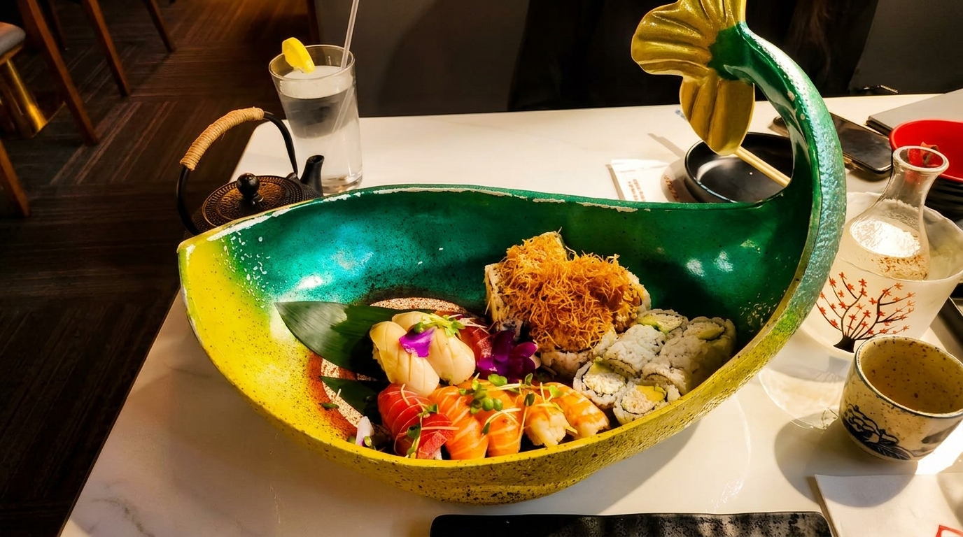 Assorted sushi and sashimi served in a decorative green and yellow boat-shaped dish on a white table.